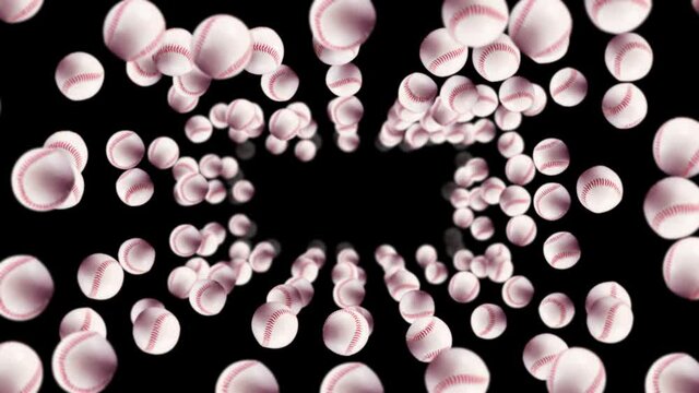 Flying many baseball balls on black background. Bat and ball. Sport equipment. 3D loop animation of baseball balls with red stitching.