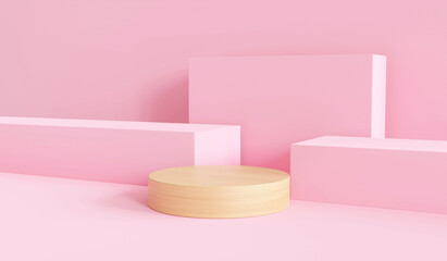 wood podium minimal pink wall scene