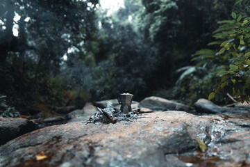 outdoor moka pot ,Brewing coffee in the forest with a moka pot