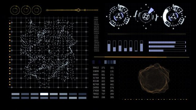 HUD technological futuristic elements. Elements of the sci-fi circle appear and disappear in the HUD pattern. Graph, Scale, Text, Rotation, Animation. Statistical data.