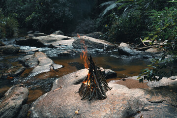 Outdoor at a waterfall in a tropical rainforest