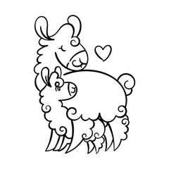 Cute curly llama mom with baby. Illustration for coloring pages, children and adult prints, Mother Day