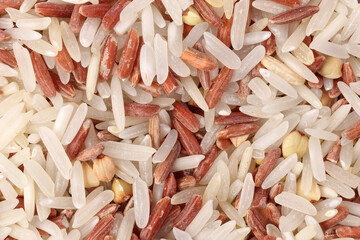 Mixed low glycaemic index healthy rice grain basmati millet buckwheat red rice heap on white background top view