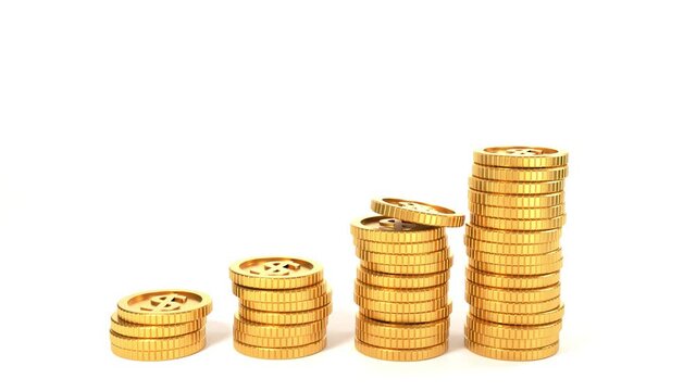 Falling gold dollar coin to form a graph on white background, business and banking concept, 3D animation render Full HD.