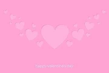 Valentines hearts postcard. Paper flying elements on pink background. Vector symbols of love in shape of heart design.