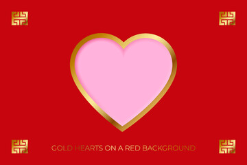 Valentines hearts postcard. Paper flying elements on pink background. Vector symbols of love in shape of heart design.