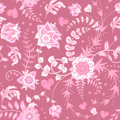 Fototapeta na wymiar Abstract vector floral seamless pattern. Exotic Paisley elements,fantastic flower,leaves. Fairy pink background. Textile bohemian print. Batik paint. Vintage vector