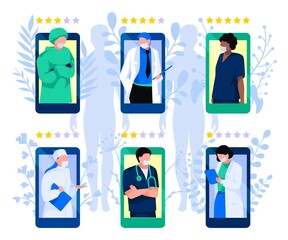 Choosing a doctor through mobile app. Rating of doctors concept. People choosing top rated doctor for treatment. Online medical consultation and diagnosis flat vector illustration