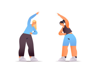 happy women in sportswear doing stretching exercises healthy lifestyle concept isolated full length horizontal vector illustration