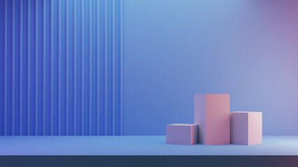 3d render for shop display. three podium blue cubes in pastel colors and striped background. Scene with minimal geometrical forms. Empty showcase for cosmetic product presentation