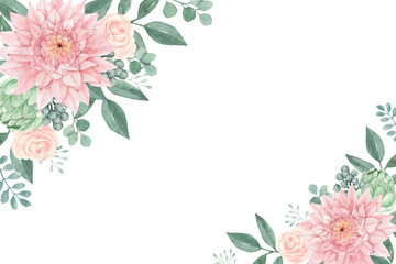 Lovely dahlia floral background with green eucalyptus leaves