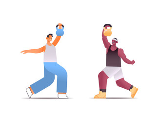 Fototapeta na wymiar mix race men in sportswear doing physical exercises with kettlebells healthy lifestyle concept isolated full length horizontal vector illustration
