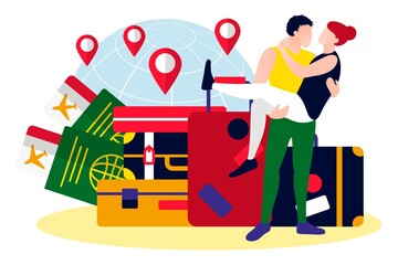 Happy romantic couple traveling over the world. Travel and rest attributes. Young man carrying woman on his hands. Suitcase, tickets and passports flat vector illustration