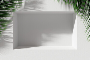 White product display podium with nature leaves. 3D rendering