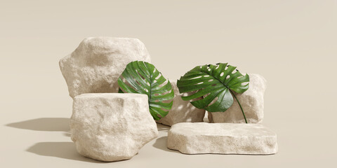 Brown stone podium, Cosmetic display product stand with monstera leaf on brown background. 3D rendering © nawapon