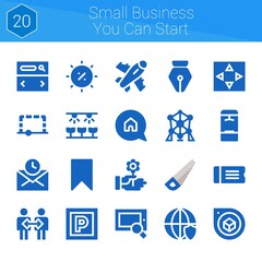 small business you can start icon set. 20 filled icons on theme small business you can start. collection of Ticket, Flower, Locker, Plane, Atomium, Searcher, Saw, Parking