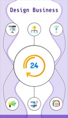 design business editable infographic template with icons of megaphone, wifi, 24 hours, monitor, time, clipboard, dashboard