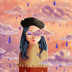 Chica llorando entre nubes pastel