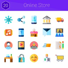 online store icon set. 20 flat icons on theme online store. collection of video player, shop, satisfied, contract, customer service, nfc, delivery truck, private message, login