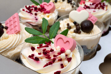 Sweet small homemade trifle dessert with custard, chocolate, nuts and fruits and decorations and cream cheese.