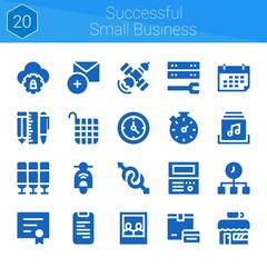 Fototapeta na wymiar successful small business icon set. 20 filled icons on theme successful small business. collection of Add, Old computer, Phone book, Cloud computing, Seat, Server, Calendar