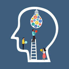 Man and woman holding gears for lightbulb decoration inside human head in flat design. Creative idea. Innovative brain.