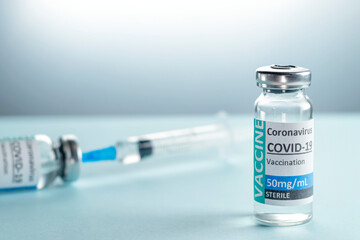Vaccine Covid 19 or coronavirus and syringe injection. It use for prevention, immunization and treatment from infection coronavirus or Covid-19. Medicine infectious concept.