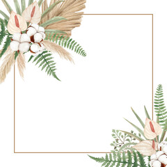 Boho floral frame with watercolor cotton flower, calla lily, and dried palm leaves