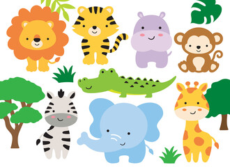 Vector illustration of safari jungle animals including a lion, tiger, hippo, monkey, zebra, crocodile, alligator, elephant, and giraffe. - obrazy, fototapety, plakaty