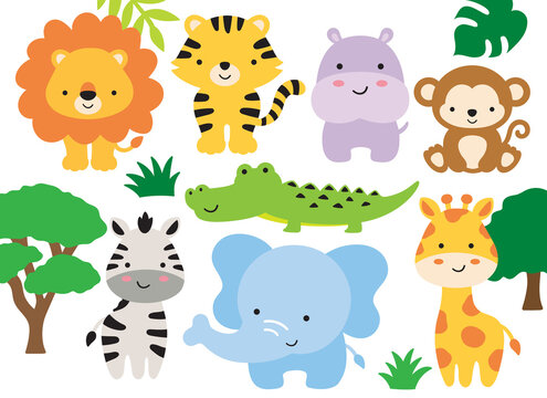 Vector illustration of safari jungle animals including a lion, tiger, hippo, monkey, zebra, crocodile, alligator, elephant, and giraffe.