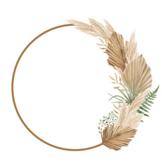 Aesthetic floral frame with dried palm leaves, pampas grass and fern - obrazy, fototapety, plakaty