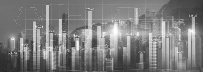Fototapeta na wymiar Black and White Financial graph diagram trading investment business intelligence concept website panoramic header double exposure modern city view