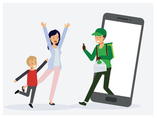 Food delivery app service concept ,Adult woman and young little boy are happy due to food delivery is reached home, Food delivery man is sending food to customer.