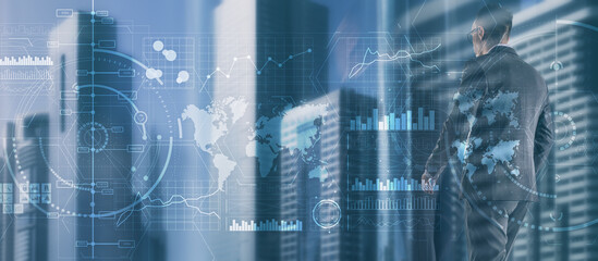 Diverse business team in city digital interface. Intelligence control panel