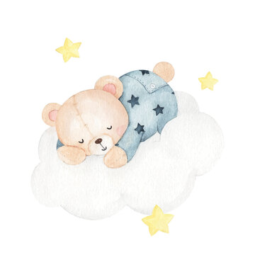 Naklejka Cute sleeping little bear watercolor illustration