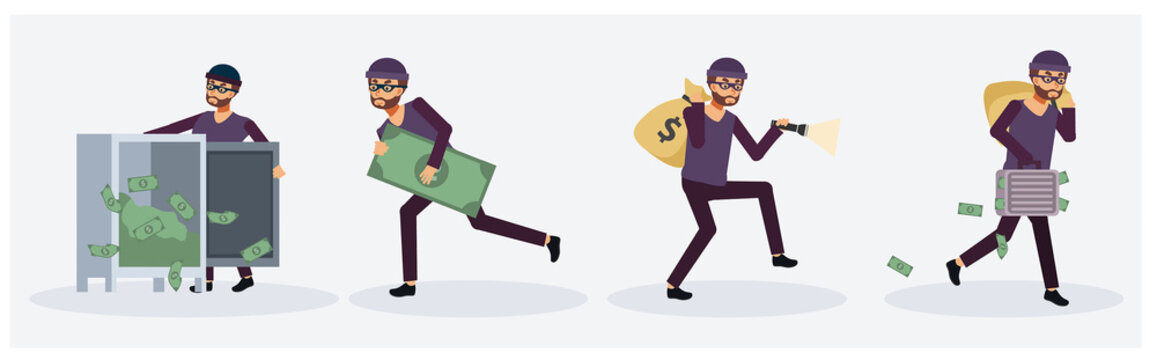 Collection set of Male thief in variety action, Criminal person, Flat vector cartoon character illustration.