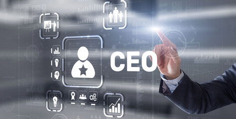 CEO concept. Businessman pressing virtual screen inscription boss