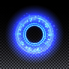 Blue hologram portal. Magic fantasy portal. Magic circle with halo effect. Vector blue glow scifi teleport with sparks and hologram, technology background.
