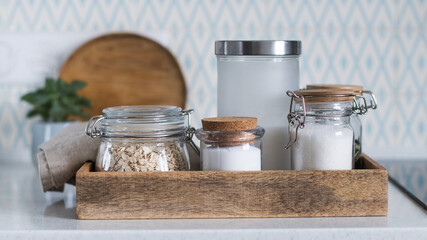 Storage of bulk products and cereals in glass jars. Concept zero waste.