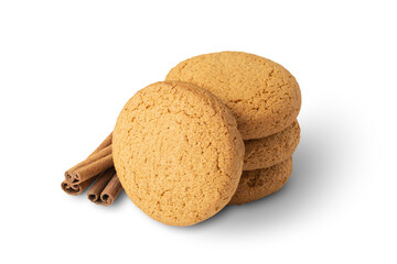 group of oatmeal cookies and cinnamon isolated on white background