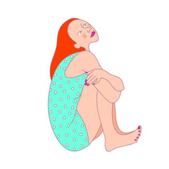 Vector red-haired girl in a blue dress sits and looks at the sky. Funny cartoon of a separate female character