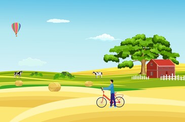 Countryside in summer season, tourists cycling, farmhouses, valley, houses, mills, vector landscape