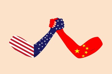 USA nad China armrestling, us and china flags, vector concept