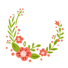 Spring floral frame or wreathe isolated on white background, cartoon flowers and branches, place for text, cute summer decorative design element, vector illustration