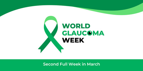 World glaucoma week. Vector banner, poster, flyer, greeting card for social media with text World glaucoma week second full week in march. Illustration with green ribbon, white background.