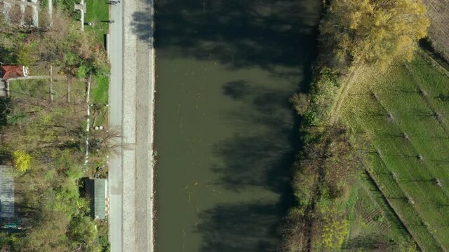 River Ibar through Kraljevo city in Serbia, aerial top down view