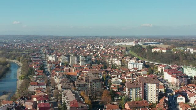 Kraljevo city and Ibar river in Serbia, Balkan urban architecture, aerial
