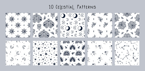 Celestial black and white moon, rainbow, stars seamless pattern bundle - hand drawn line space digital paper, cute kids starry seamless background for textile, scrapbooking, wrapping paper