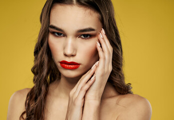 Fototapeta premium Portrait of nude woman red lips eye shadow model