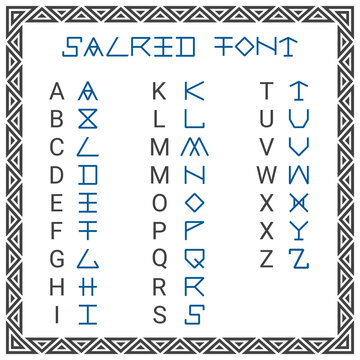 Sacred font. English alphabet letters. Set of vector symbols for occult design.